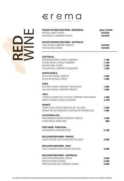 Crema Menu | Avenzel Hotel & Convention