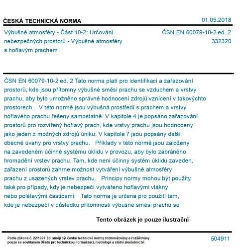ČSN EN 60079-10-2 ed. 2 - Výbušné atmosféry - Část 10-2: Určování nebezpečných prostorů - Výbušné atmosféry s hořlavým prachem
