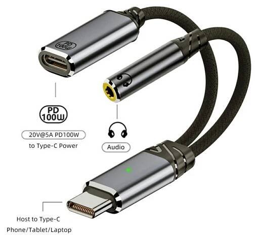 2v1 audio a nabíjecí redukce - 3,5 mm jack / USB-C na USB-C - tmavě šedá - Appleking.cz