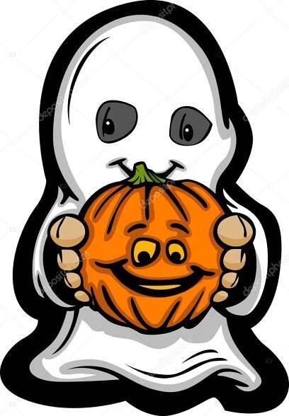 Stáhnout - Kreslený vektorový obrázek ducha šťastný halloween s úsměvem a jack-o lucernou — Ilustrace