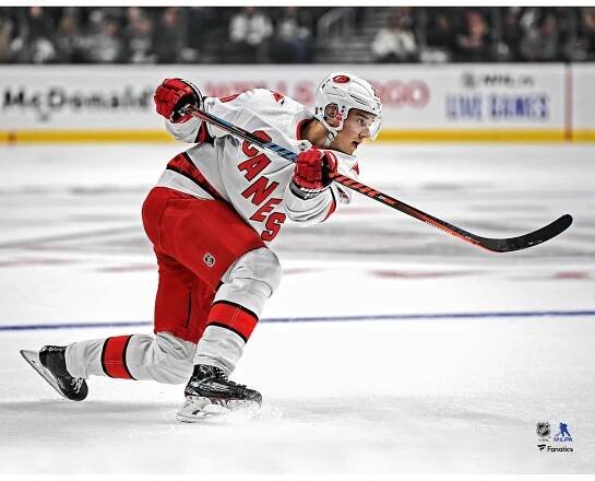 Unsigned Carolina Hurricanes Sebastian Aho Fanatics Authentic White Jersey Shooting Photograph