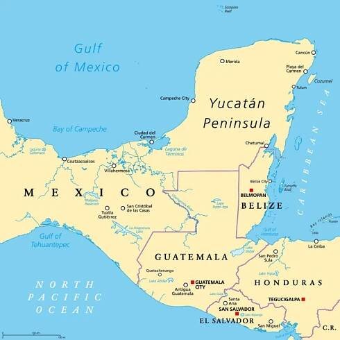 politická mapa poloostrova yucatán, velký poloostrov v jihovýchodním mexiku - jihovýchod stock ilustrace