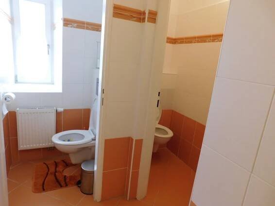 a bathroom with two toilets and a window at Apartmány na Šumavě in Kašperské Hory