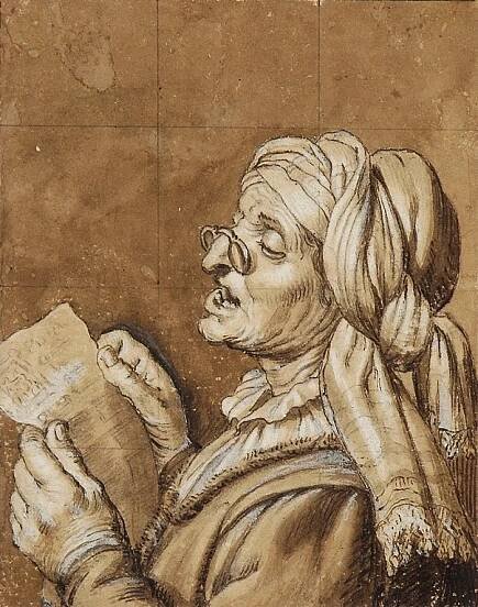 Old woman singing label QS:Len,"Old woman singing" label QS:Lpl,"Śpiewająca kobieta" label QS:Lfr,"Une vieille femme chantant" 1620s date QS:P,+1620-00-00T00:00:00Z/8 . ink and sepia on paper. 14.3 × 11.2 cm (5.6 × 4.4 in). Warsaw, National Museum in Warsaw (MNW).