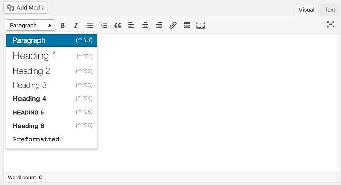 Classic editor toolbar with headings dropdown selected