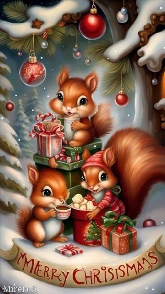 a christmas card with two squirrels and presents