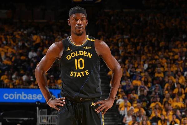 Jimmy Butler of the Golden State Warriors in action against the Minnesota Timberwolves during Game 4 of the 2025 NBA Playoffs at Chase Center in San Francisco, California.