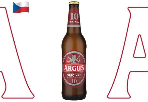 Pivo Argus Original 10, v levém horním rohu je vlajka České republiky.