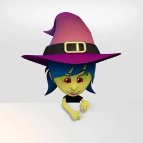 Halloween dívka oblečená jako čarodějnici ukazuje plakáty a desek na bílém pozadí. 3D kreslený obrázek — Stock obrázek
