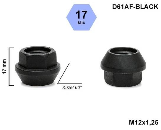 Kolová matice M12x1,25 kužel otevřená, klíč 17, černá, D61AF-BLACK, výška 17 - SHELLERS