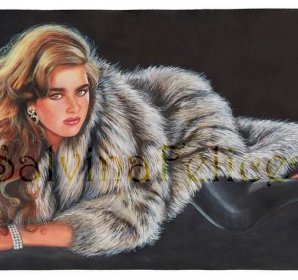 Print from my original mixed media painting "Glamour", fur, red hair, young model, vintage fashion, eighties, long hair