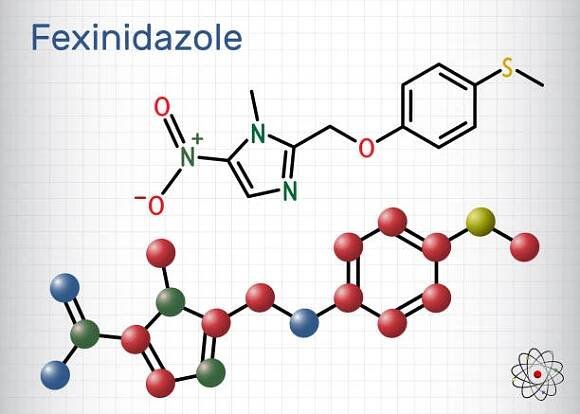 molekula fexinidazolu. je to lék používaný k léčbě africké trypanosomiázy nebo spavé nemoci. molekulový model. list papíru v kleci. - leishmania stock ilustrace