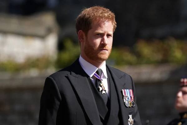 Prince Harry arriving at the funeral of Prince Philip at Windsor Castle on April 17, 2021.