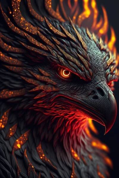 an eagle's head with glowing red eyes and flames on its wings is shown