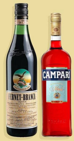 Bottles of Fernet-Branca and Campari against yellow background