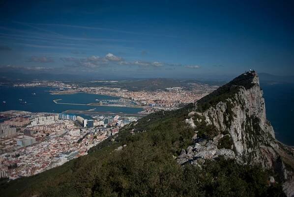 A picture taken on March 17, 2016, shows the Rock of Gibraltar with Spain in background.