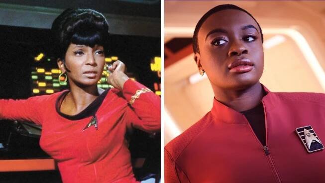 Split image showing Nichelle Nichols (Left) and Celia Rose Gooding (Right), who played Uhura in Star Trek: The Original Series and Star Trek: Strange New Worlds, respectively.