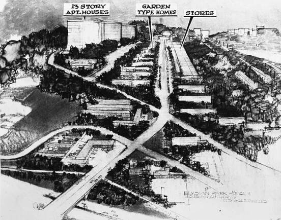 A rendering shows streets and building labeled 13 story apt houses, Garden type homes and stores.