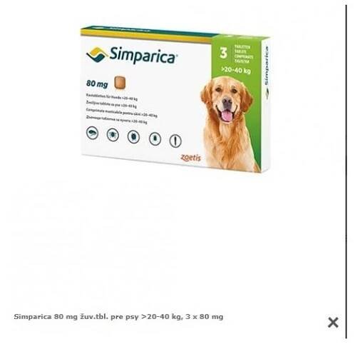 Simparica 80 mg žuv.tbl. pre psy >20-40 kg, 3 x 80 mg - Vet Lekáreň