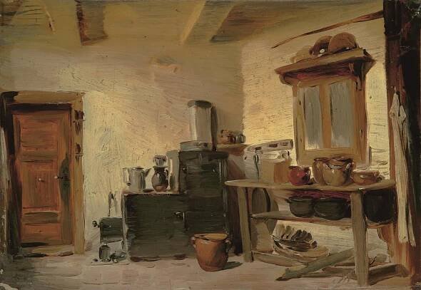 Wiedensahler Pfarrhausküche mit Tongeschirr, um 1870, Öl auf Malpappe/Karton, 28 x 40,8 cm