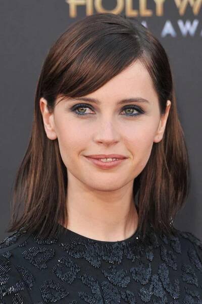 Felicity Jones with Straight Brown Bob and Side Bangs