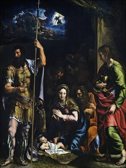 Soubor:L'Adoration des bergers entre saint Longin et saint Jean l'Évangéliste - Giulio Romano - Musée du Louvre Peintures INV 3693 ; MR 1430.jpg – Wikipedie