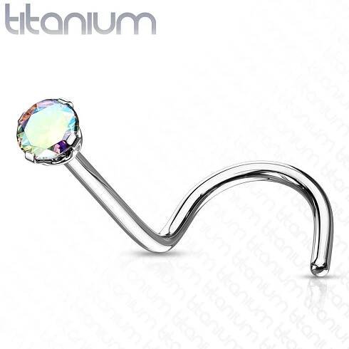 Zahnutý piercing do nosu - titan, kamínek 2 mm (duhová)