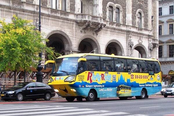 Floating Bus sightseeing on land and water in Budapest, Hungary