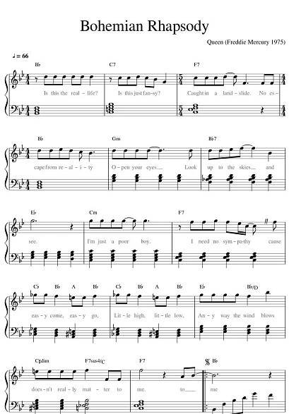 sheet music with the words bohemian rhapsody written in black and white