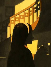 An illustration of a young girl standing in a house, with a spiral staircase behind her and a lamp to the side. She's wearing a headband and a collared shirt.