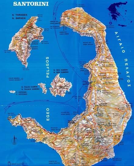 Santorini mapa ostrova (letoviska, pláže, památky, výlety, hotely)