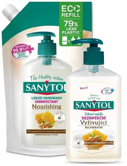 Sanytol Tekuté mýdlo vyživující 250 ml dávkovač, 500 ml náhradní náplň