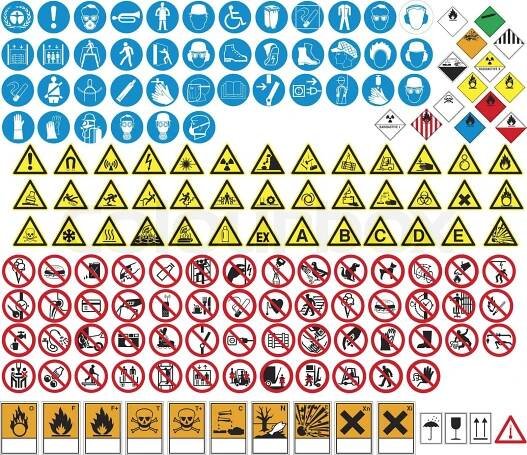 Tables with various warning, prohibition of safety sings