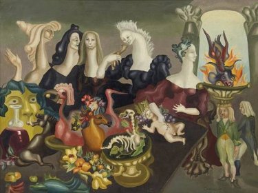 Surrealist painting by Leonora Carrington, showing a group of women and monsters sitting down to a banquet at a long table