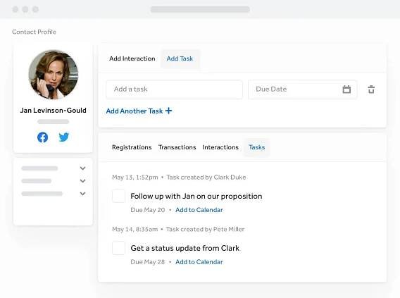 Event CRM showing history and task due dates