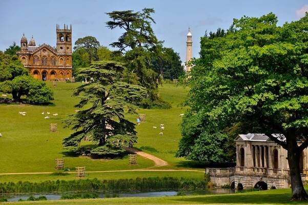 Image 62Hawkwell Field with Gothic temple, Cobham monument and Palladian bridge at Stowe House (from History of gardening)