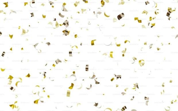 a white background with gold and silver confetti