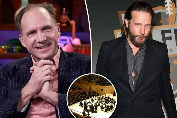 Ralph Fiennes. Inset of L.A. Philharmonic Orchestra split with Magnus Fiennes.