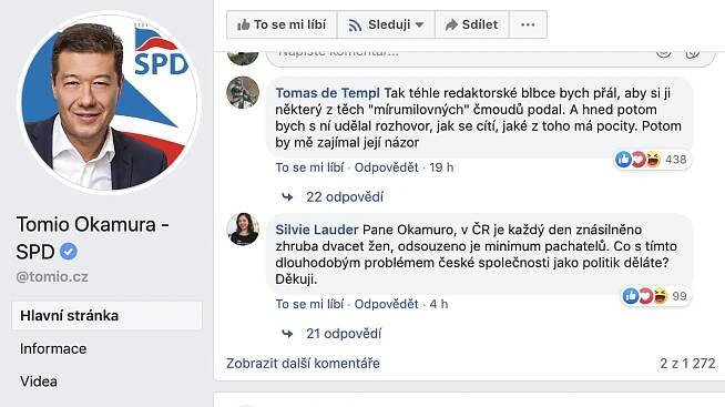 Okamura se pustil na Facebooku do novinářky. Jeho fanoušci jí přejí znásilnění od migrantů. Případ řeší policie