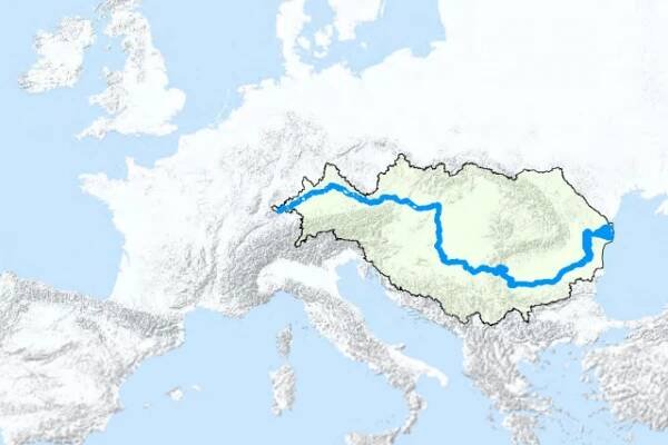 Map of Europe showing the location of the Danube River Basin