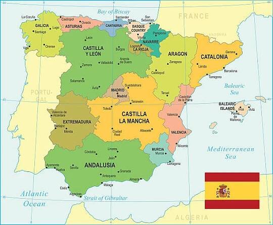 mapa španělska - ilustrace - malaga stock ilustrace