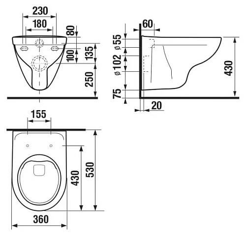 Jika Závěsné WC LYRA PLUS, bez oplachového kruhu, s hlubokým splachováním, 360 x