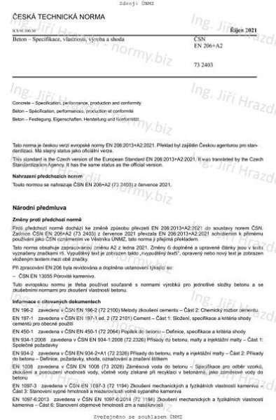 ČSN EN 206 +A2 (732403) - Beton - Specifikace, vlastnosti, výroba a shoda - říjen 2021 - Technické normy - Ing. Jiří Hrazdil