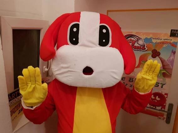 PartySaurus - Maskot červeno žluto bílý pes