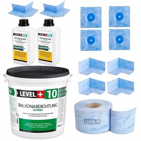 Obrázek produktu pro Hydroizolační sada Hydroizolační malta 2K 20kg Základní nátěr 2l Páska B04 25m Rohy, manžety Level+ SET29