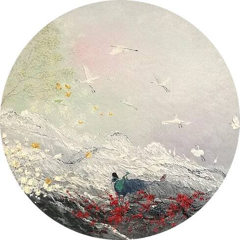 蝶兒鷺兒金絲鳥 <br> Butterfly Dancing Around The Mountain<br> 120x120cm(72)<br> Oil On Canvas<br> 2019