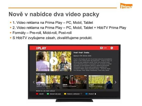  1. Video reklama na Prima Play – PC, Mobil, Tablet
 2. Video reklama na Prima Play – PC, Mobil, Tablet + HbbTV Prima Play
 Formáty – Pre-roll, Midd-roll, Post-roll
 S HbbTV zvyšujeme zásah, zkvalitňujeme produkt.
Nově v nabídce dva video packy
 