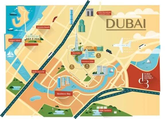 Mapa Dubaj s budovami - Byt vektorová umělecká ilustrace