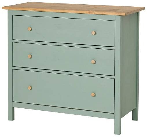 HEMNES Komoda se 3 zásuvkami - šedo-zelená/světle hnědé mořidlo 108x96 cm