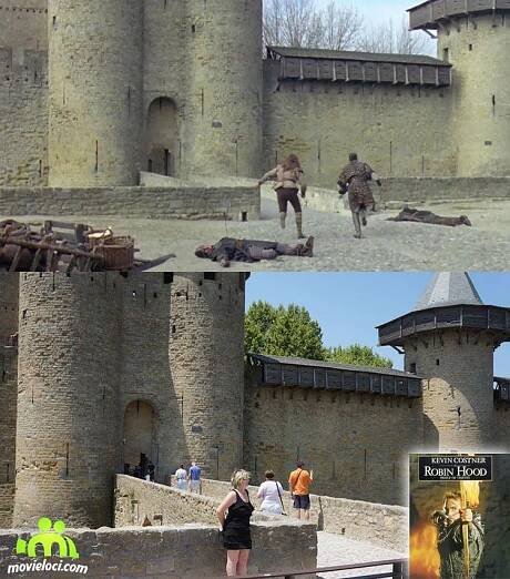 two pictures of people in front of a castle